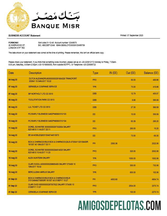 Baixável Banque Misr Organization Checking modelo de extrato de conta Word e PDF